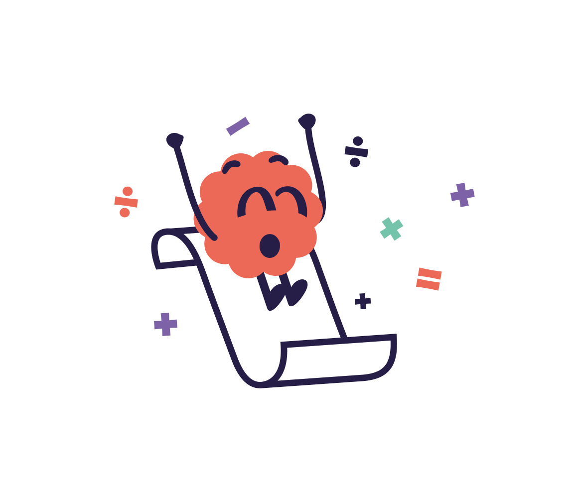 An illustration of the Brainster Math mascot excitedly sliding down a large sheet of paper.