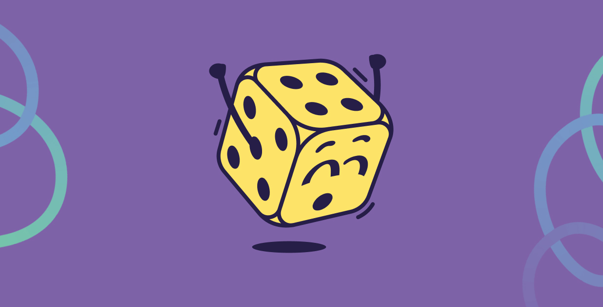 Mascot with dice introducing probability and data interpretation in Level 2 math for kids.