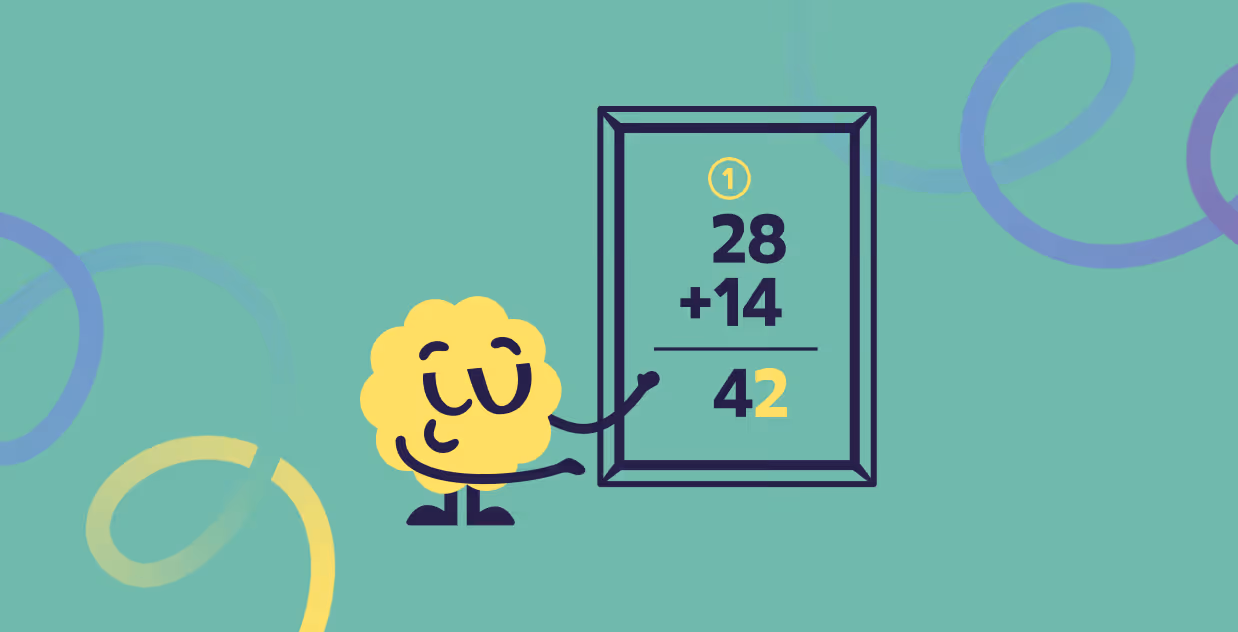 Brainster mascot explaining addition with carryover for Level 2 math for kids.