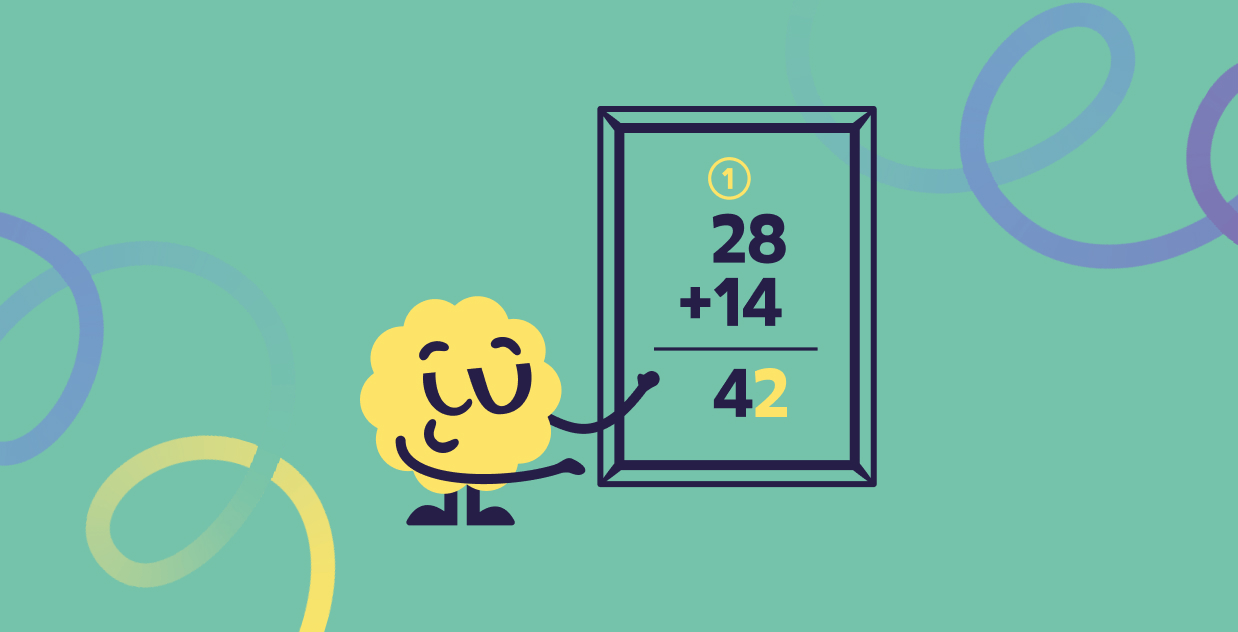 Brainster mascot explaining addition with carryover for Level 2 math for kids.