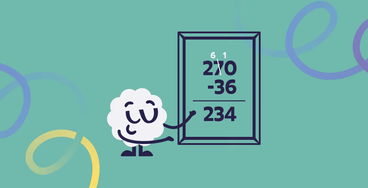 Brainster mascot pointing to a subtraction example for Level 2 math for kids.