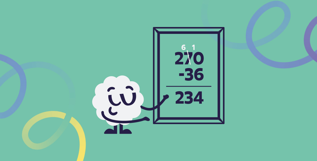 Brainster mascot pointing to a subtraction example for Level 2 math for kids.