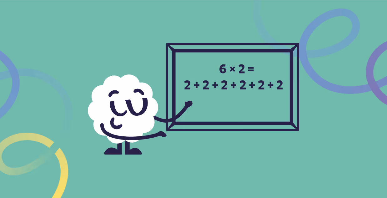 Brainster mascot explaining multiplication concepts for Level 4 math for kids, including tables and multi-digit multiplication.