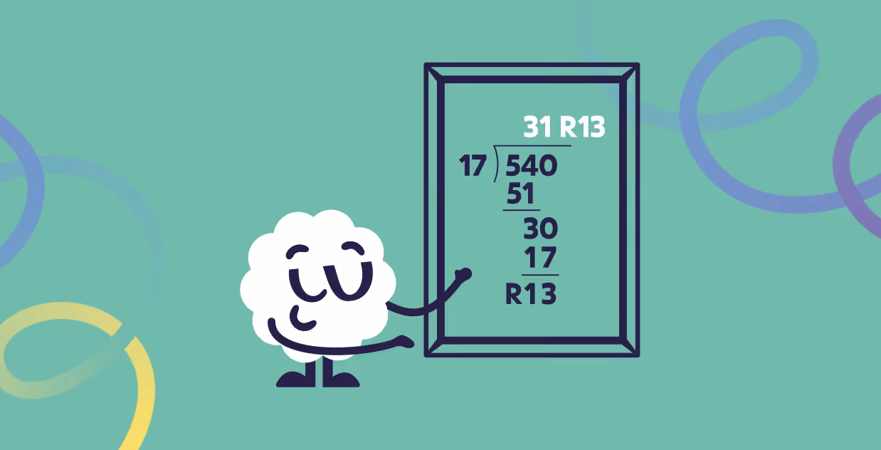 Brainster mascot explaining long division with remainders and quotients for Level 5 math for kids.