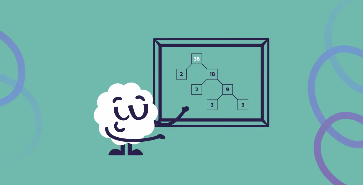 Mascot teaching fraction fundamentals and prime factorization on the math learning platform for Level 6.
