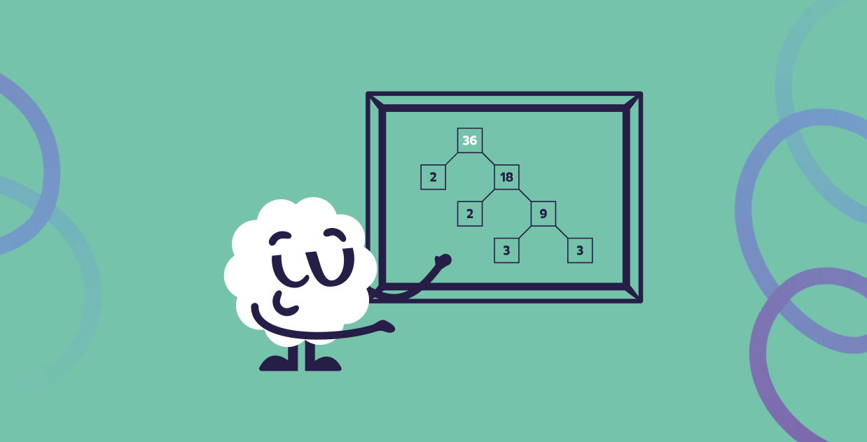 Mascot teaching fraction fundamentals and prime factorization on the math learning platform for Level 6.