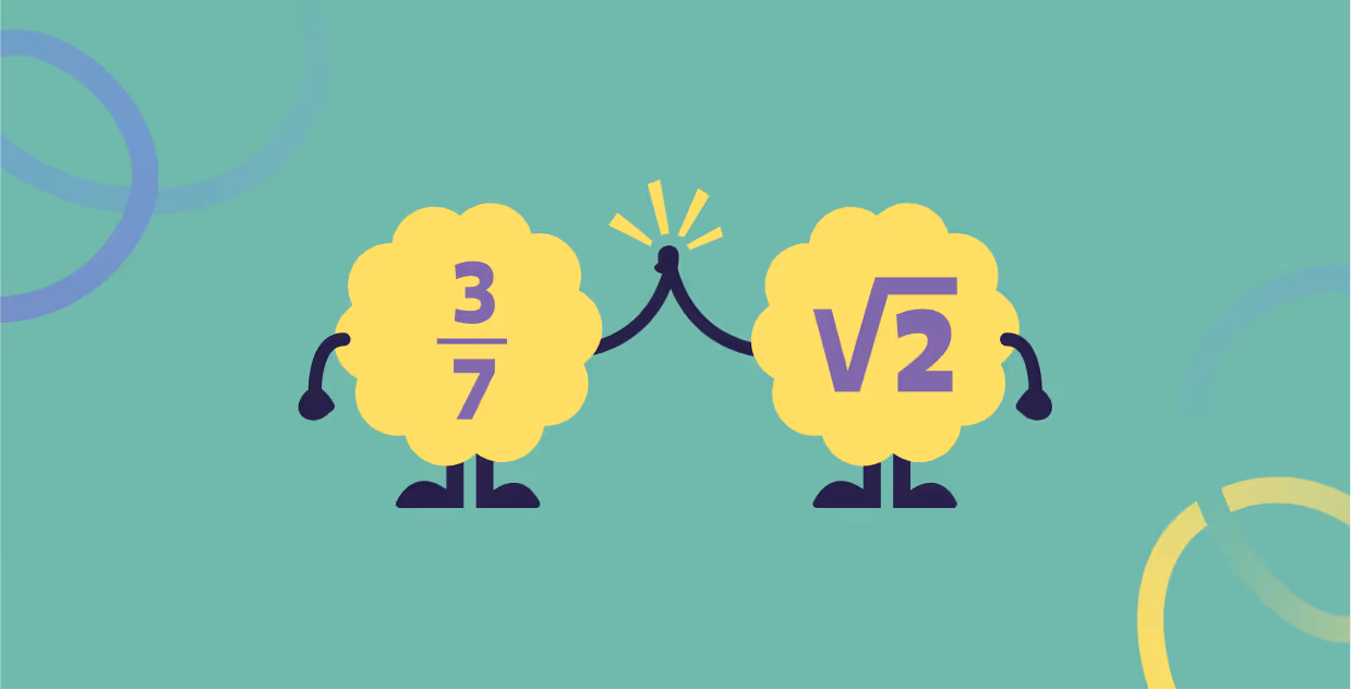 Mascot exploring rational/irrational numbers and roots on the math learning platform for Level 8.
