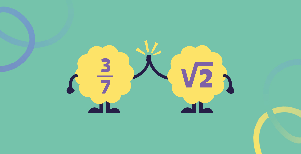 Mascot exploring rational/irrational numbers and roots on the math learning platform for Level 8.