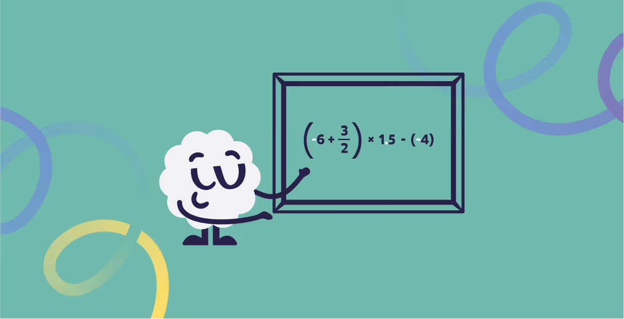 Brainster mascot explaining arithmetic operations with decimals and integers on the Level 8 math learning platform.