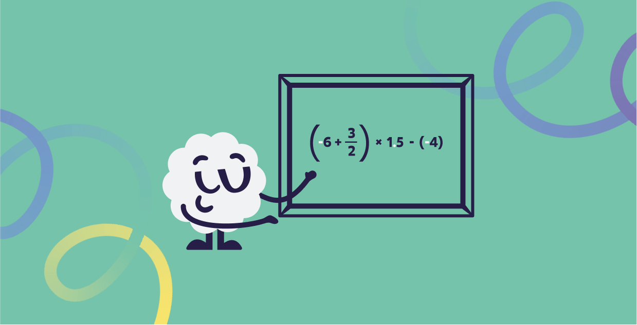Brainster mascot explaining arithmetic operations with decimals and integers on the Level 8 math learning platform.