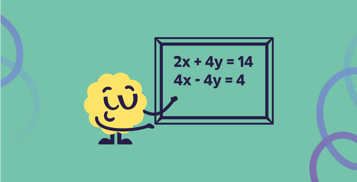 Brainster mascot explaining how to solve simultaneous equations on the Level 10 math learning platform.