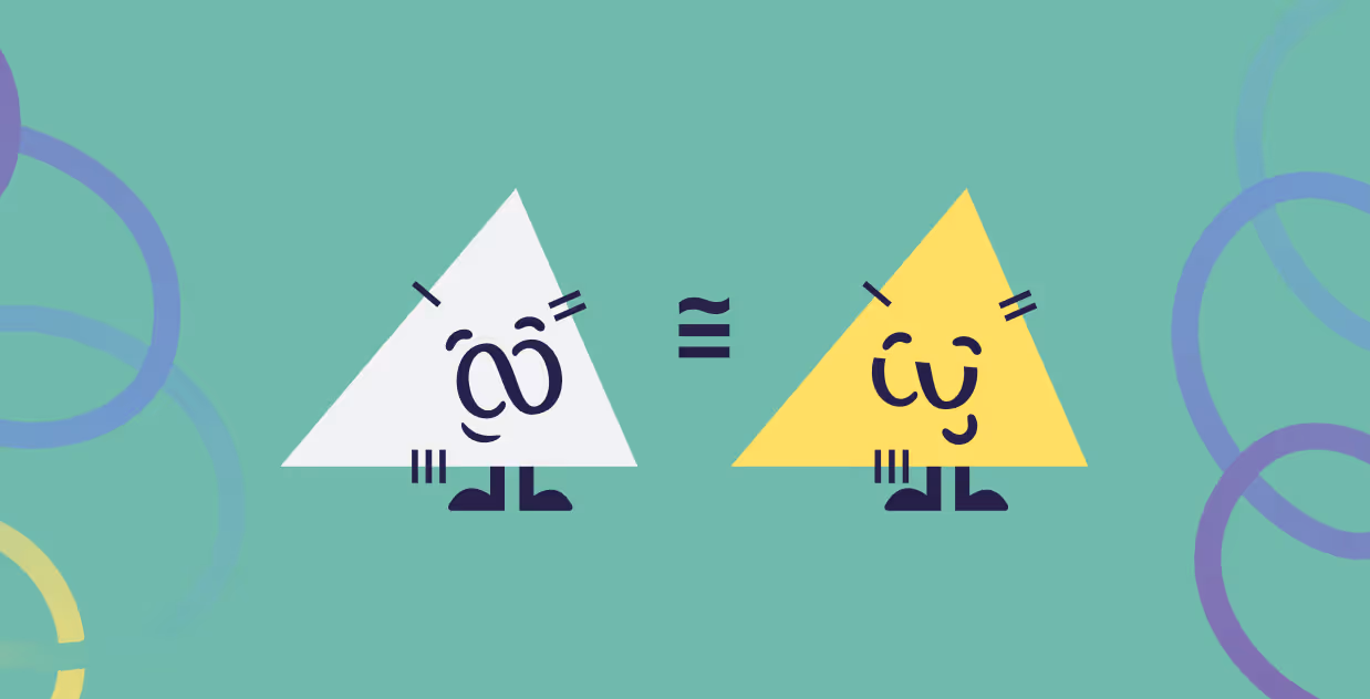 Brainster mascots depicted as congruent triangles explaining geometric congruence on the Level 14 math learning platform.