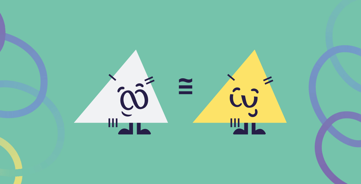 Brainster mascots depicted as congruent triangles explaining geometric congruence on the Level 14 math learning platform.