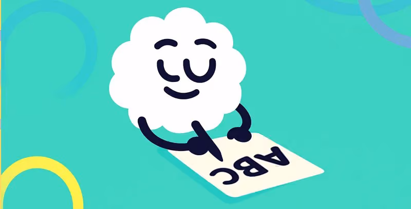 Friendly Brainster English mascot teaching alphabet writing, letter recognition, and CVC word formation for beginner writers