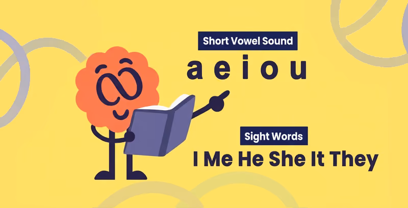 Brainster English mascot teaching short vowel sounds and sight words to help young learners build early reading and phonics skills.