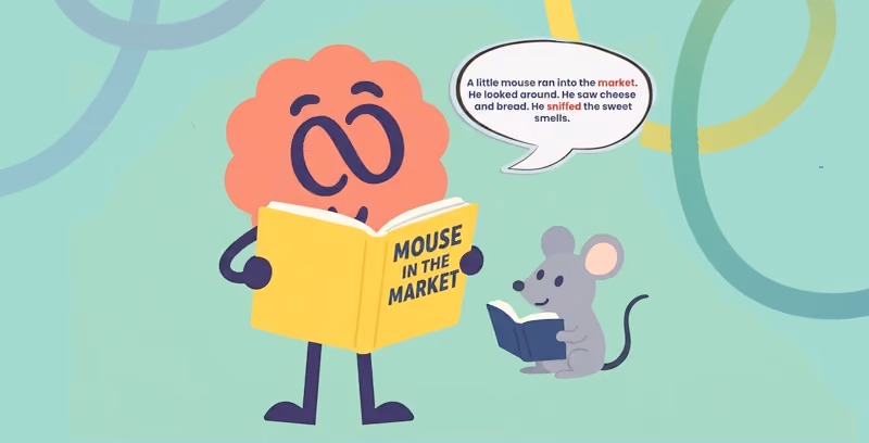 Brainster English mascot teaching early reading skills through phonics, sight words, and engaging storybooks for young learners.