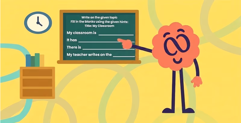 Brainster English mascot helping students develop sentence writing, spelling, and creative expression skills.