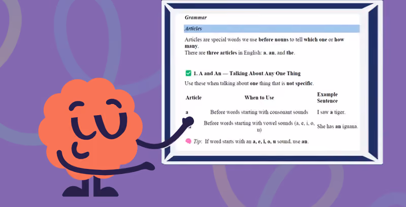 Brainster English mascot teaching nouns, verbs, and sentence structure through interactive grammar lessons.