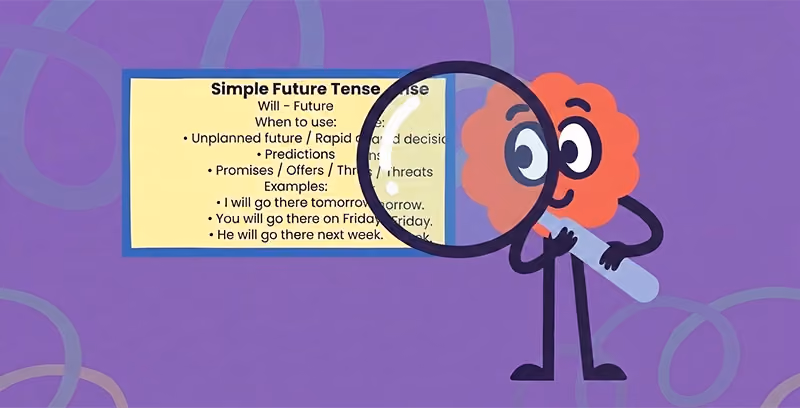 Brainster English mascot presenting a grammar lesson on a classroom board to teach sentence types, verb tenses, and correct language usage