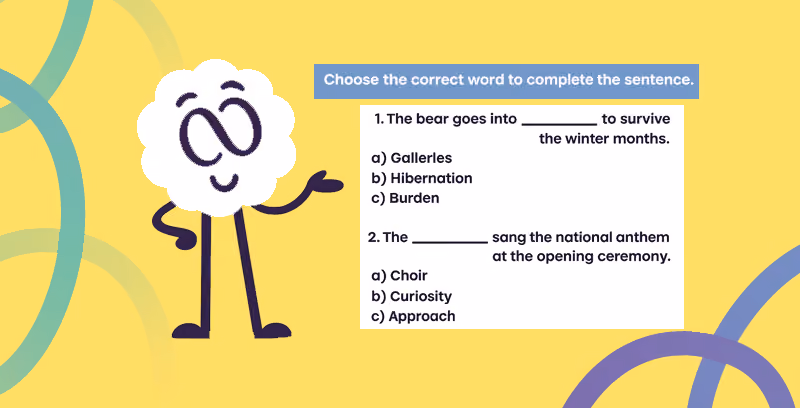 Brainster English mascot helping learners build advanced vocabulary through word-choice activities, comprehension tasks, and academic language development