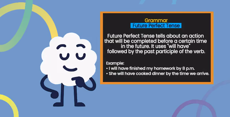 Brainster English mascot presenting a grammar lesson on future perfect tense to strengthen sentence structure, grammar accuracy, and editing skills.