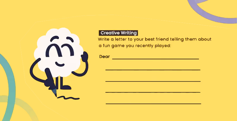 Brainster English mascot teaching letter writing and structured composition through creative prompts, building confidence in narrative and explanatory writing