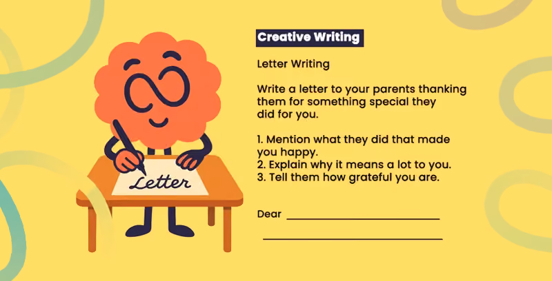 Brainster English mascot guiding students through structured writing tasks, developing persuasive, narrative, and descriptive writing skills for advanced communication.