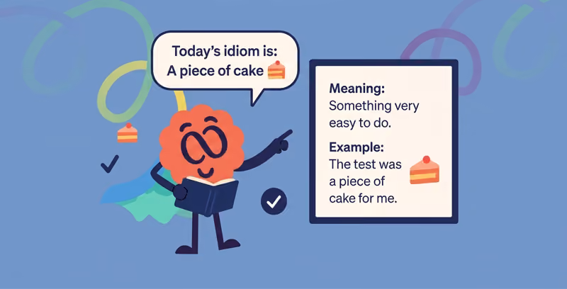 Brainster English mascot presenting an idiom lesson to help students understand figurative expressions, advanced grammar concepts, and language usage.
