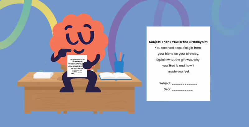 Brainster English mascot demonstrating structured writing techniques to develop analytical thinking, persuasive writing, and advanced communication skills.