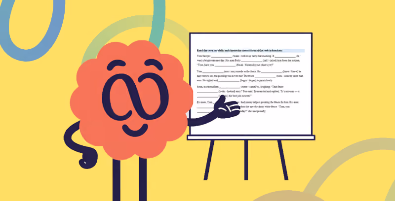 Brainster English mascot guiding students through advanced grammar exercises to strengthen tense usage, sentence patterns, editing, and communication skills.