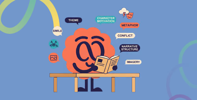 Brainster English mascot teaching literary analysis, themes, symbolism, and critical reading skills.