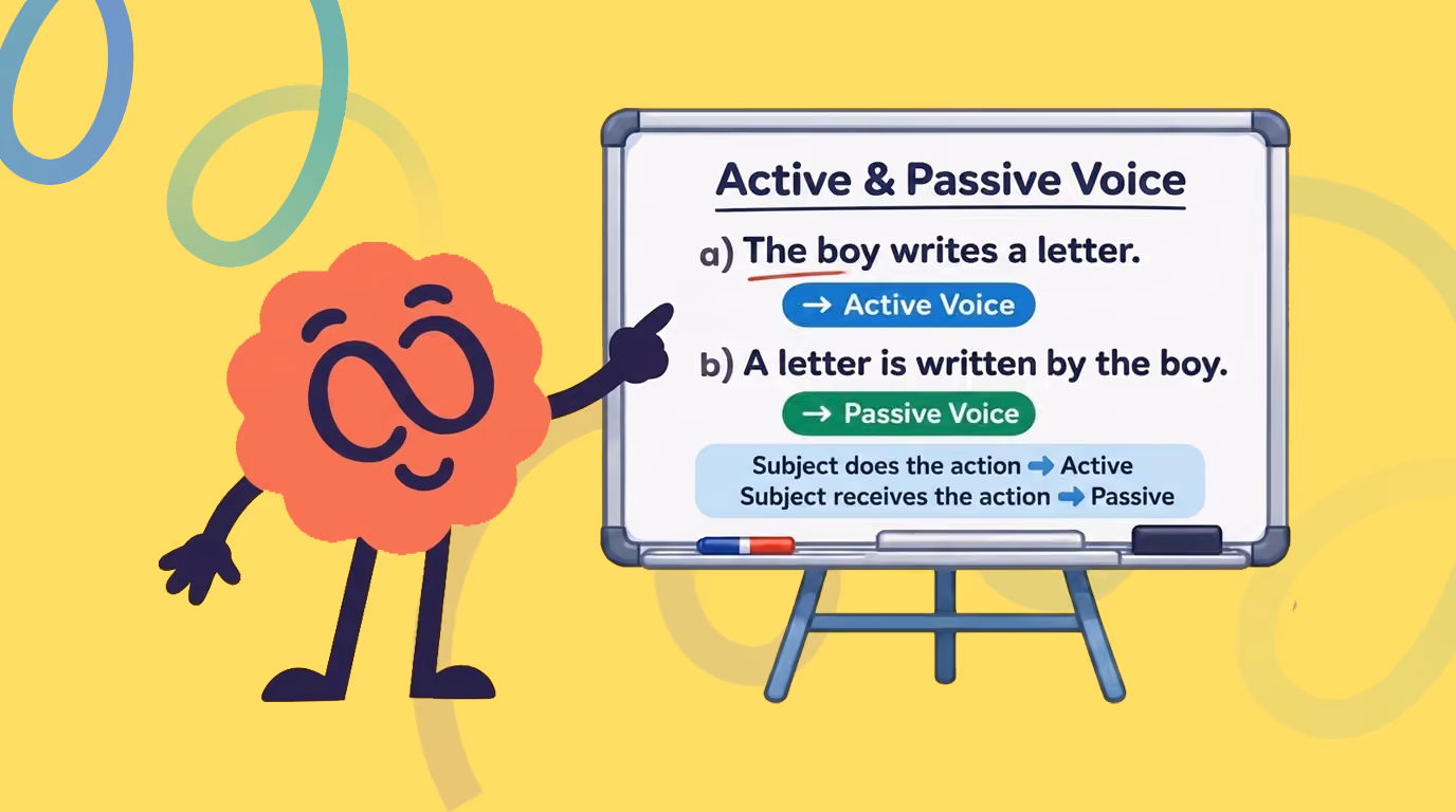 Brainster English mascot teaching active and passive voice, sentence structure, and advanced grammar skills.