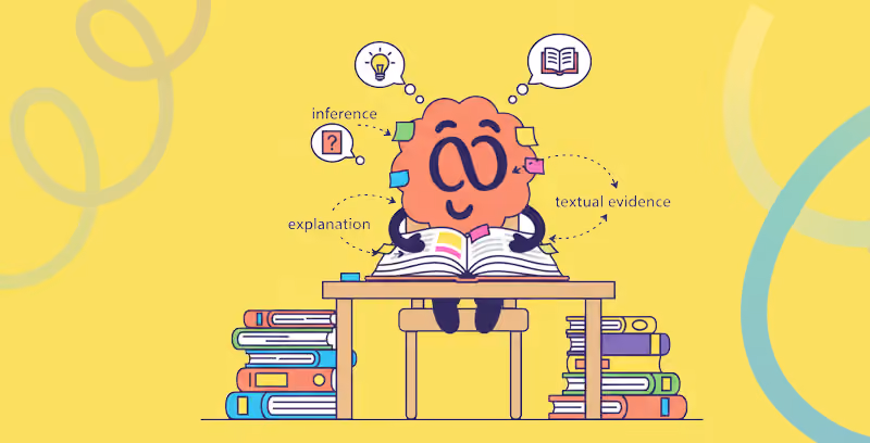 Brainster English mascot teaching advanced reading comprehension, inference, and literary analysis skills.