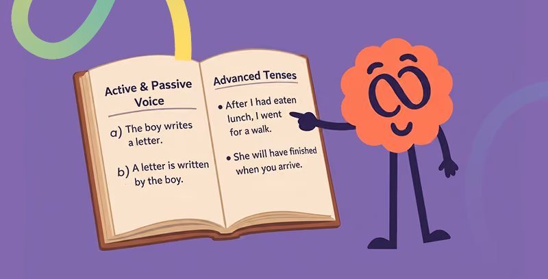 Brainster English mascot teaching advanced grammar, sentence structures, tenses, and effective language usage