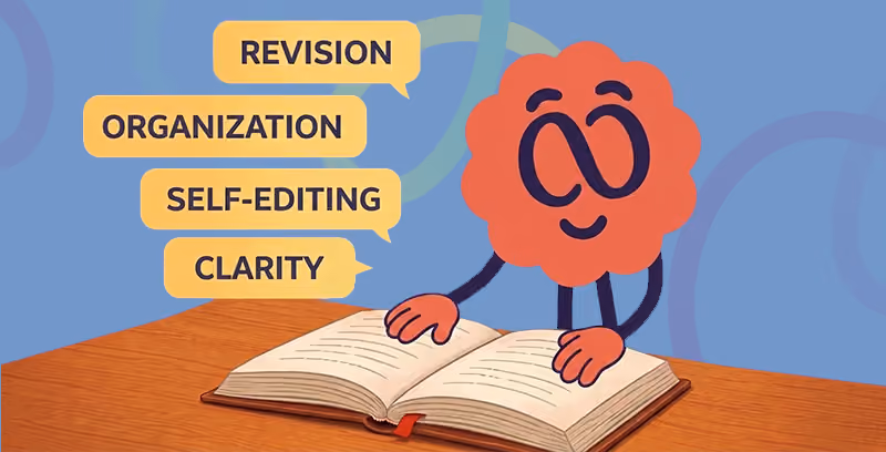 Brainster English mascot guiding students in essay writing, revision, organization, and clear written communication.