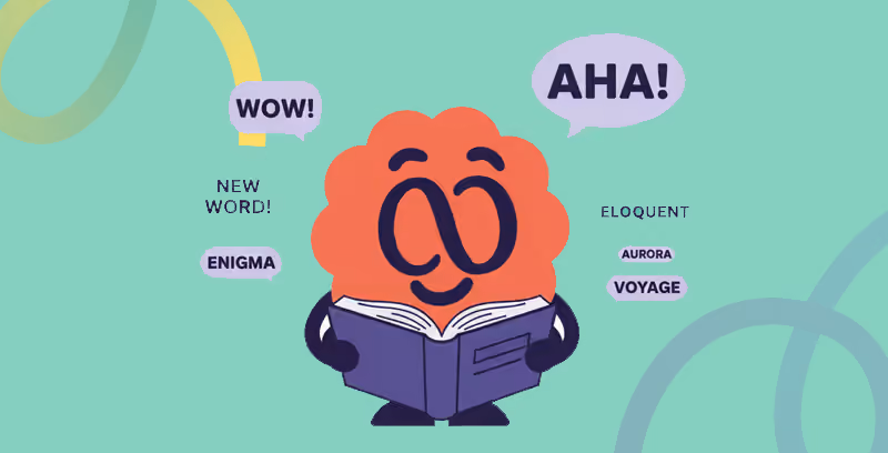 Brainster English mascot building vocabulary through reading, word exploration, and academic language development.