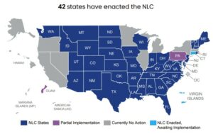 A map of states in the NLC, Nurse Licensure Compact.