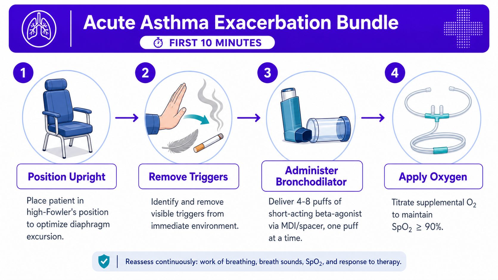 A medical infographic outlining the first ten minutes of care steps for an acute asthma exacerbation bundle.