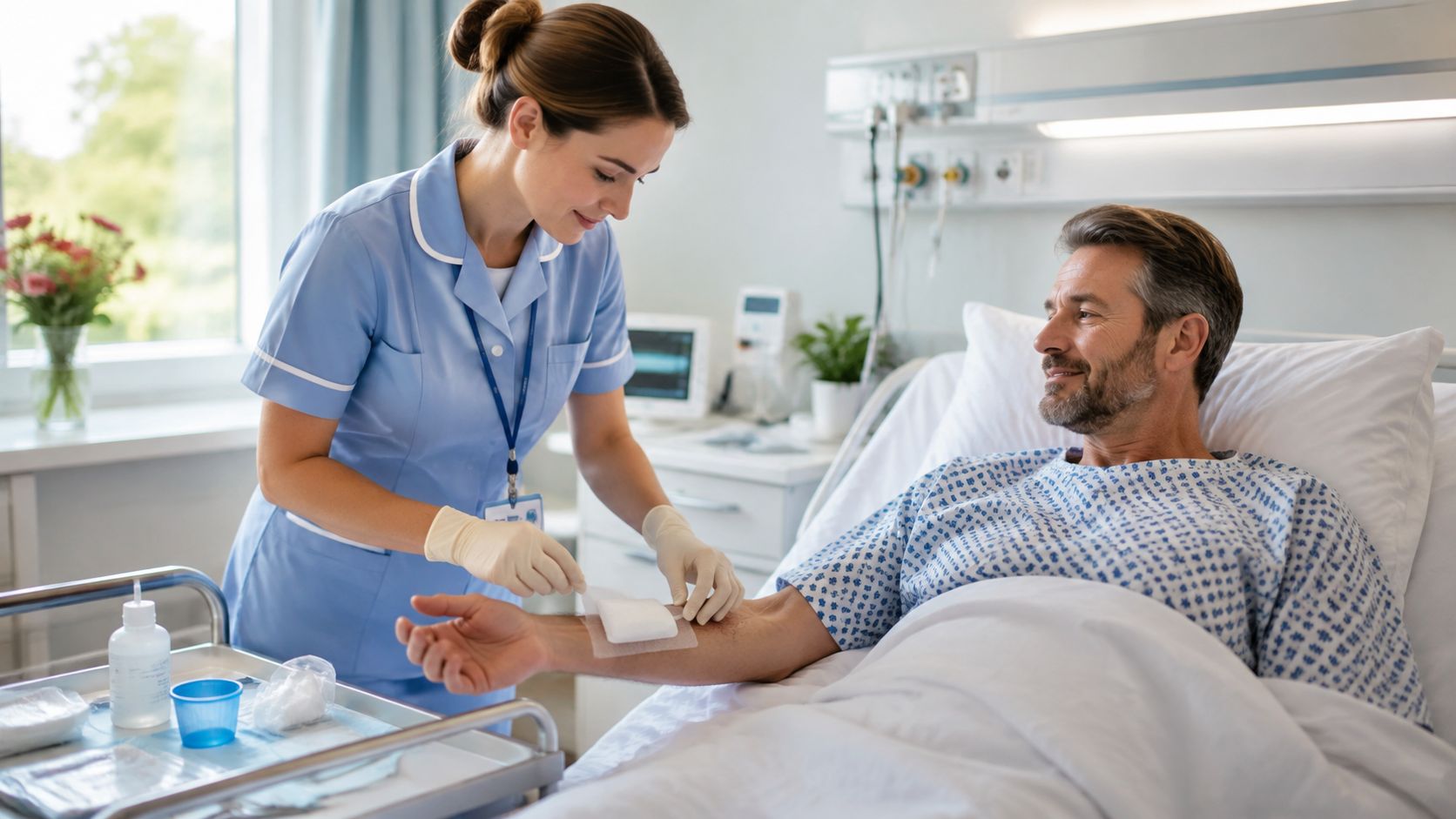 A professional nurse providing wound care to a male patient recovering in a modern hospital room.