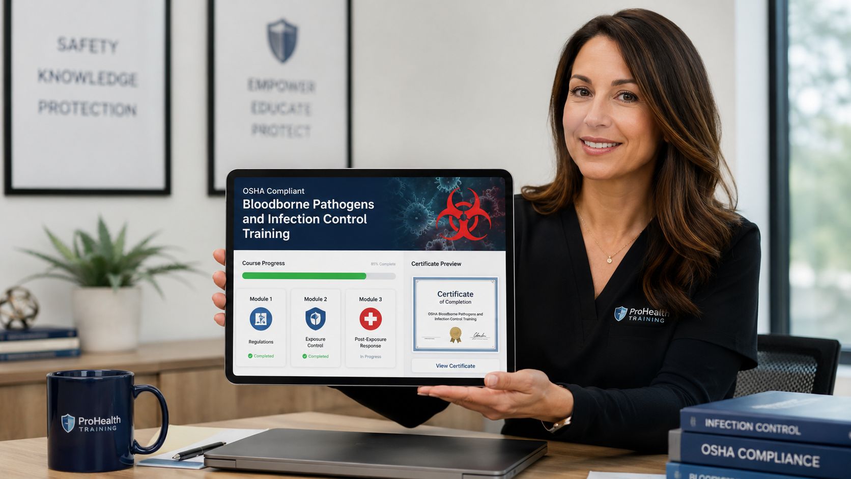 A professional woman showcasing an OSHA Bloodborne Pathogens and Infection Control training course on a digital tablet.