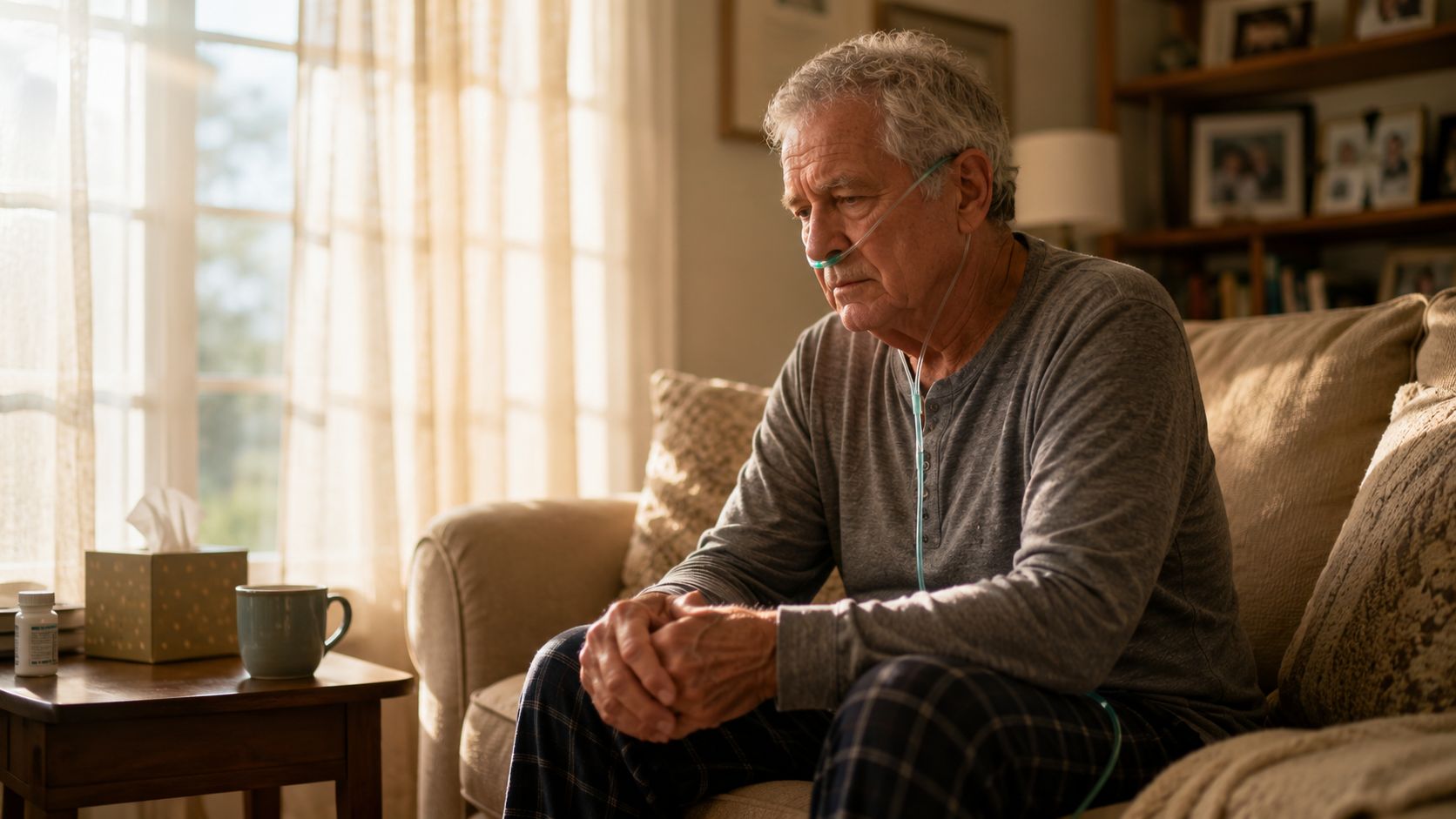 An elderly man sitting on a sofa looking thoughtful while wearing a nasal cannula for oxygen therapy.