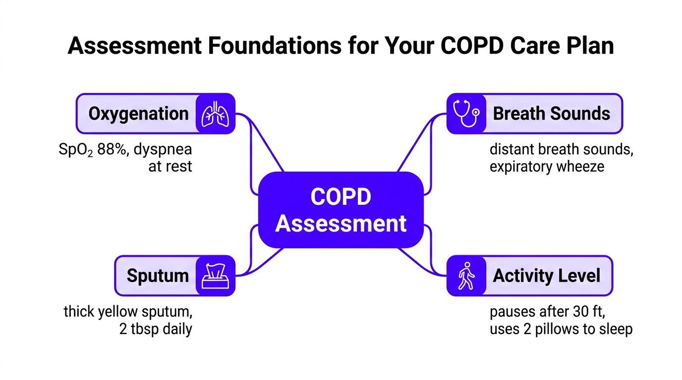 A mind map outlining COPD assessment foundations including oxygenation, breath sounds, sputum, and activity level.