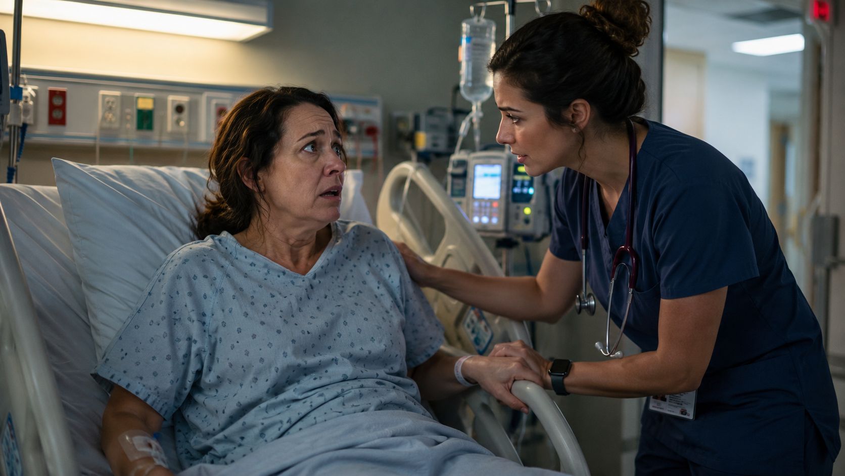 A compassionate nurse offering comfort and support to an anxious patient in a hospital room.