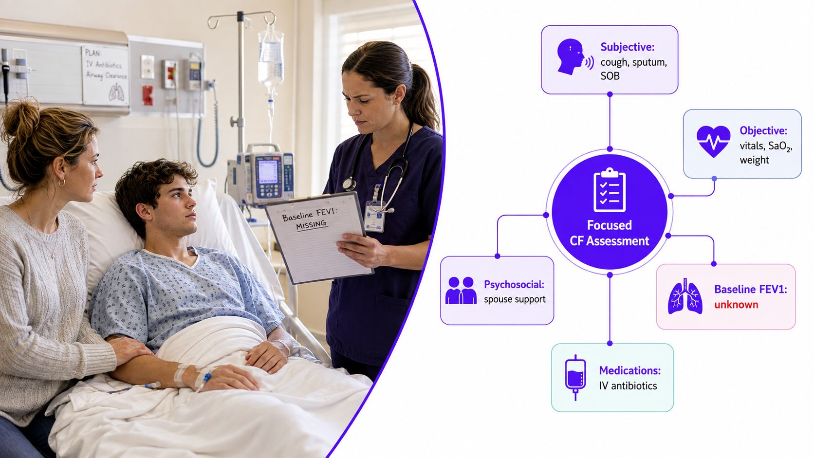 A nurse reviews a cystic fibrosis nursing care plan with a patient and his mother in hospital.