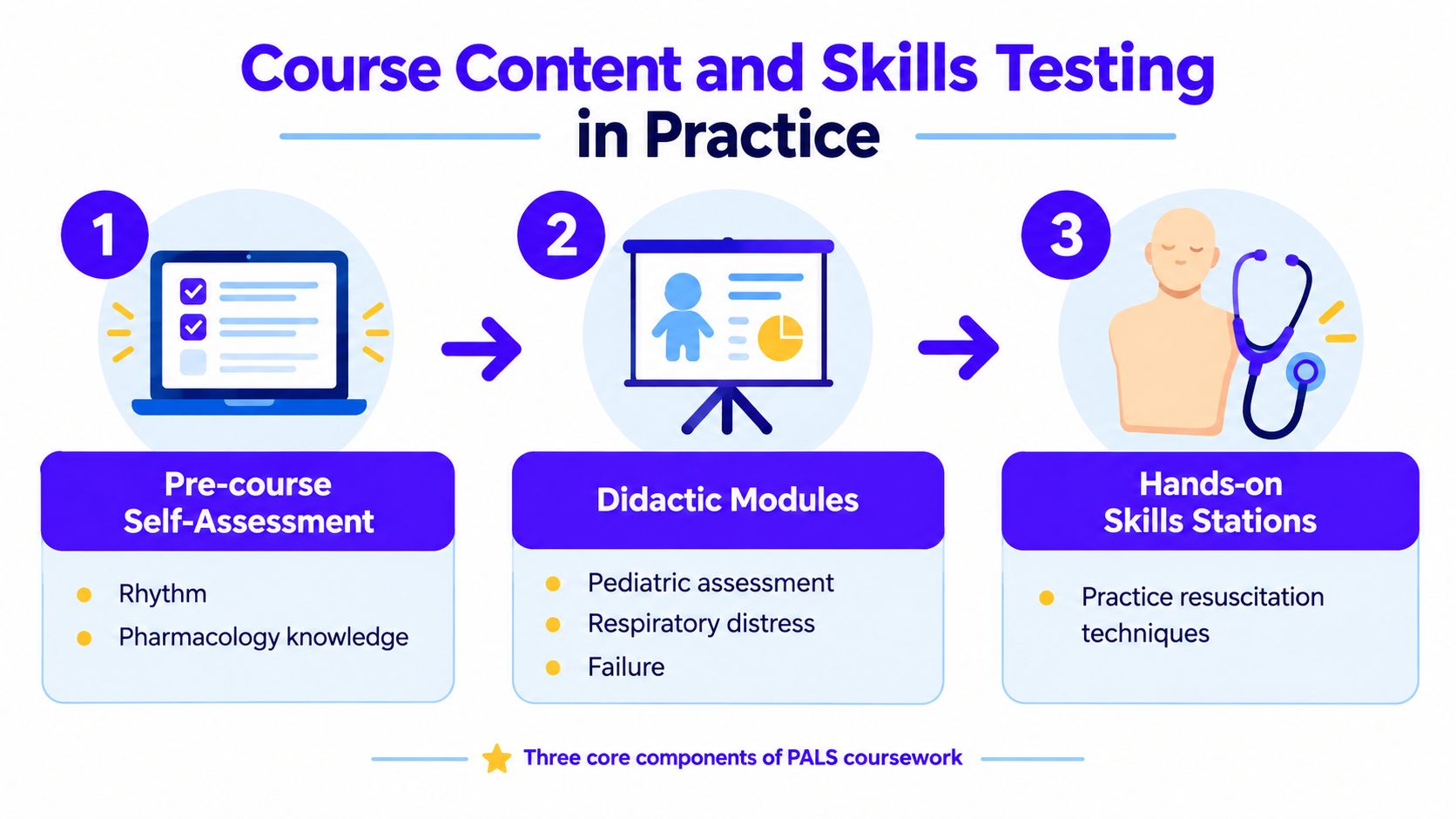 A diagram outlining the three core components of PALS certification including self-assessment, didactic modules, and hands-on training.