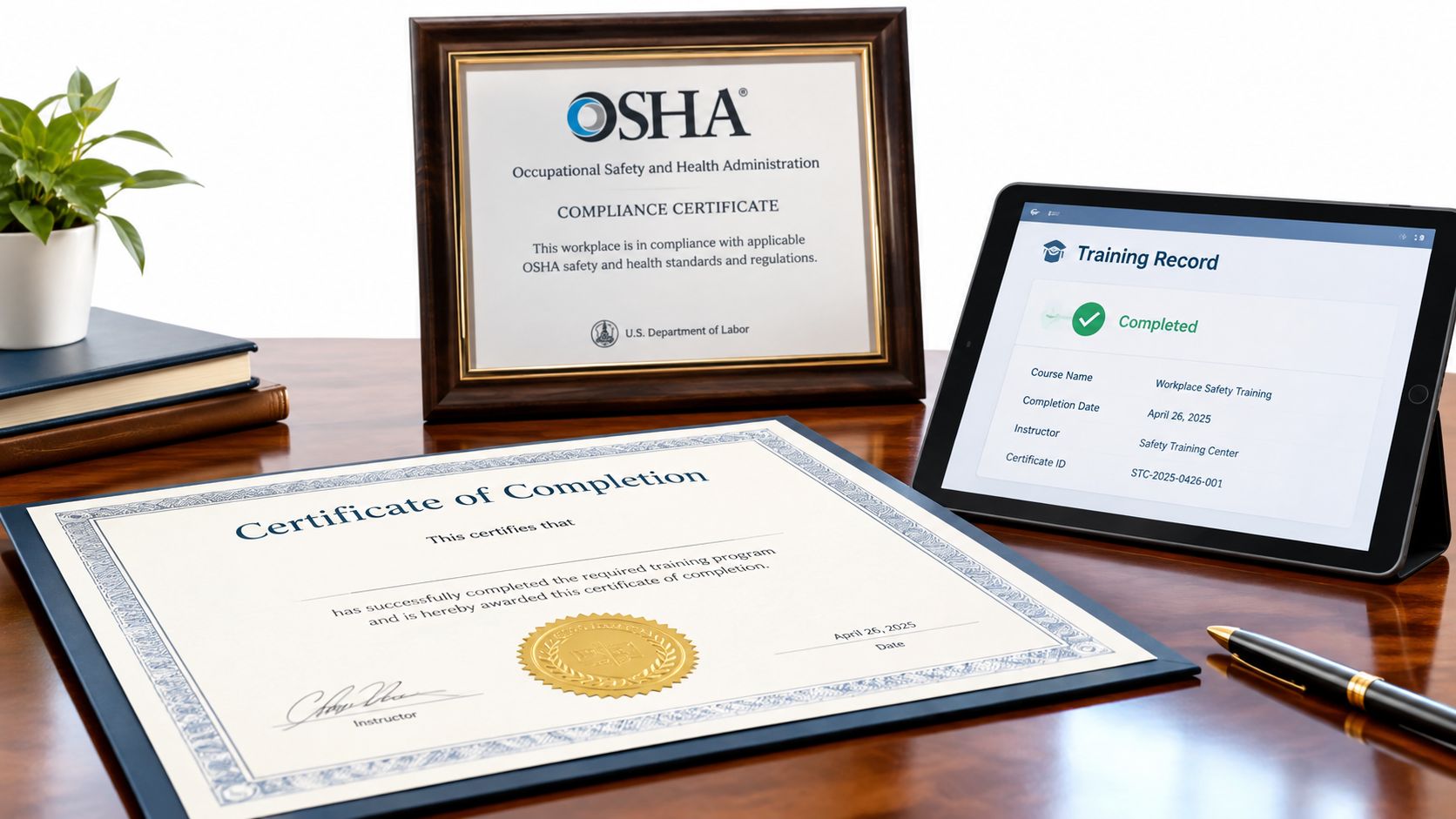 A wooden desk featuring an OSHA compliance certificate, a completion certificate, and a tablet displaying training records.