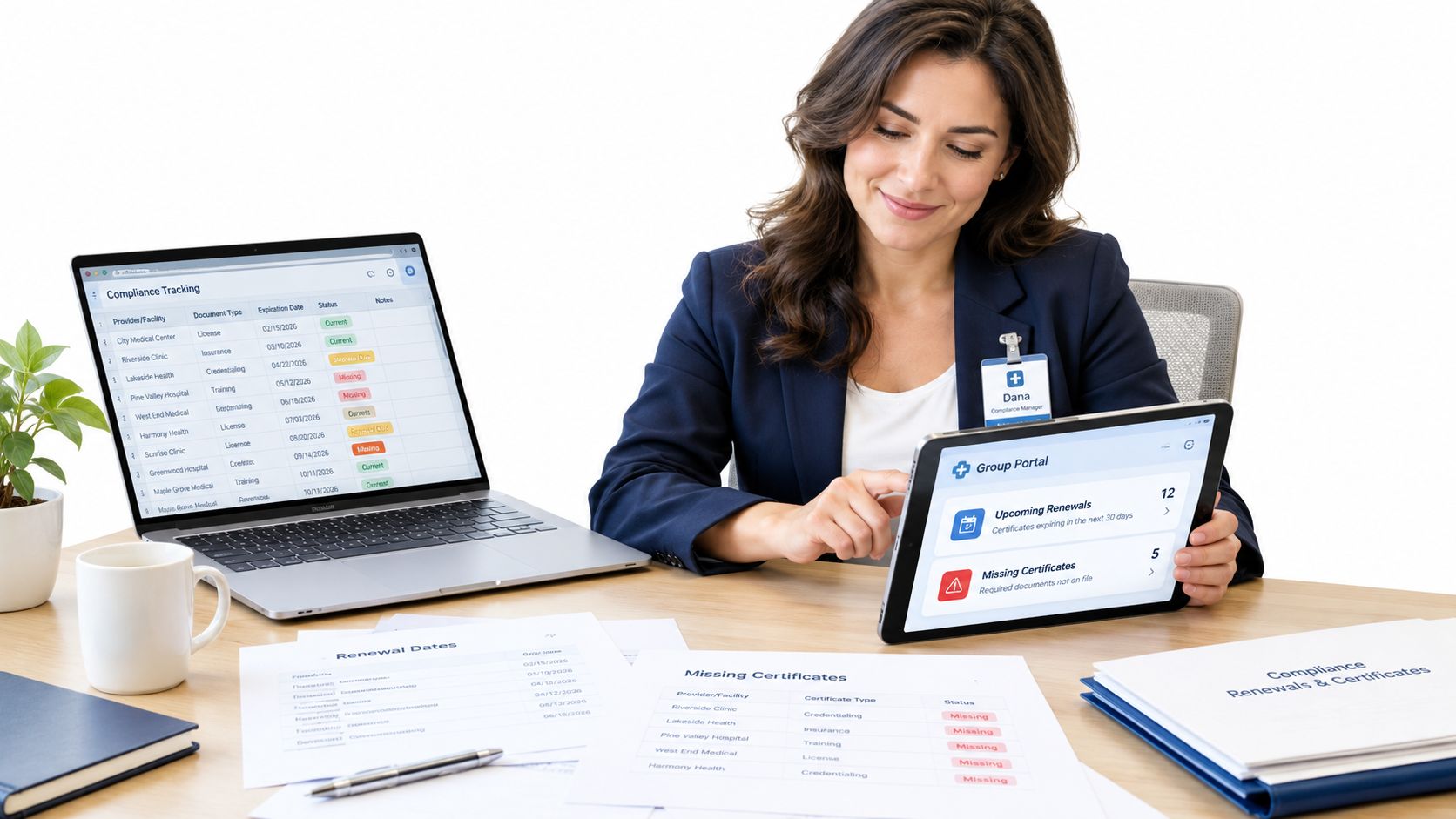 A professional compliance manager reviewing medical documentation and digital certification records on a laptop and tablet.