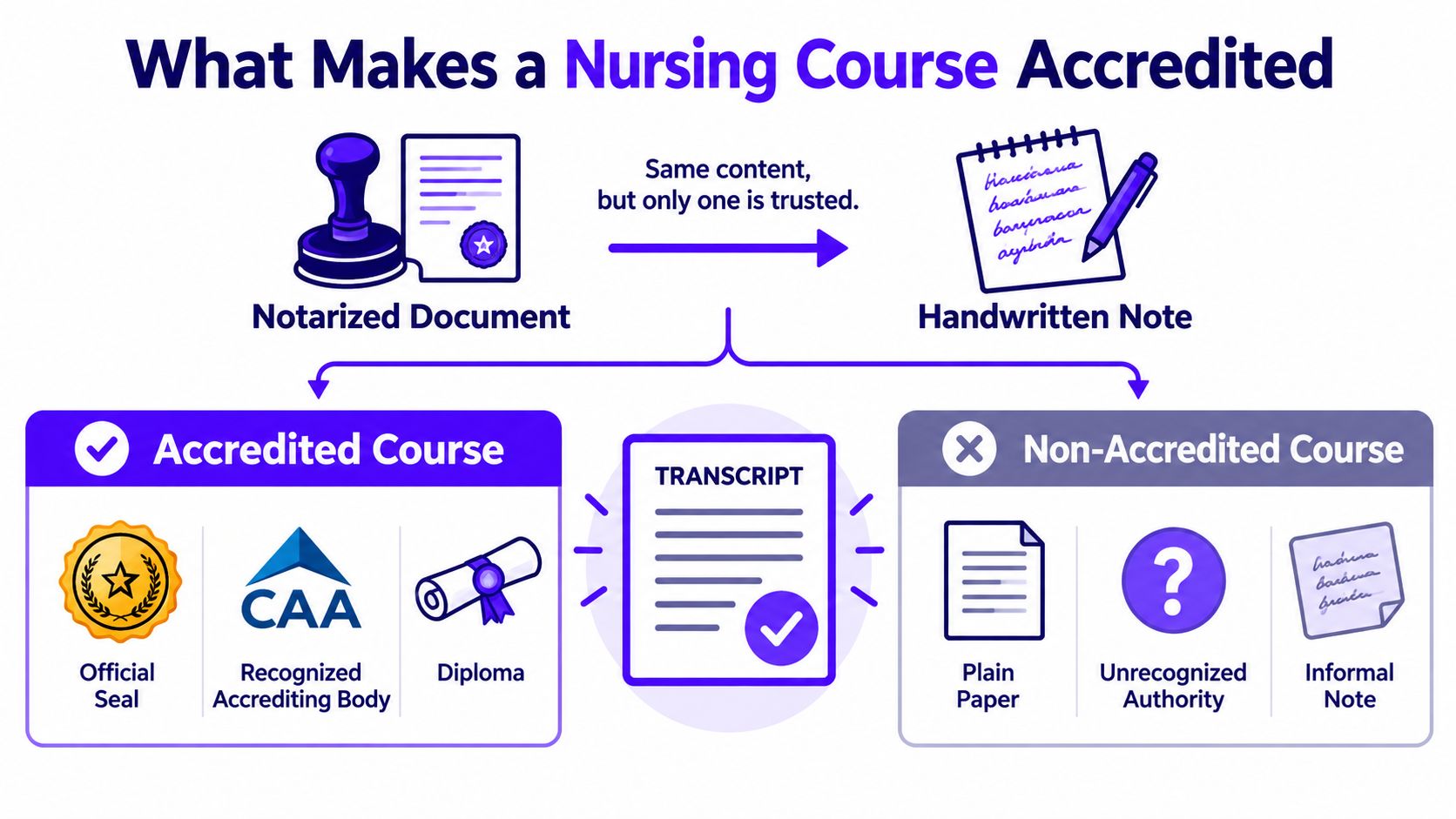 An infographic comparing the differences between accredited nursing courses and non-accredited programs using visual icons and labels.