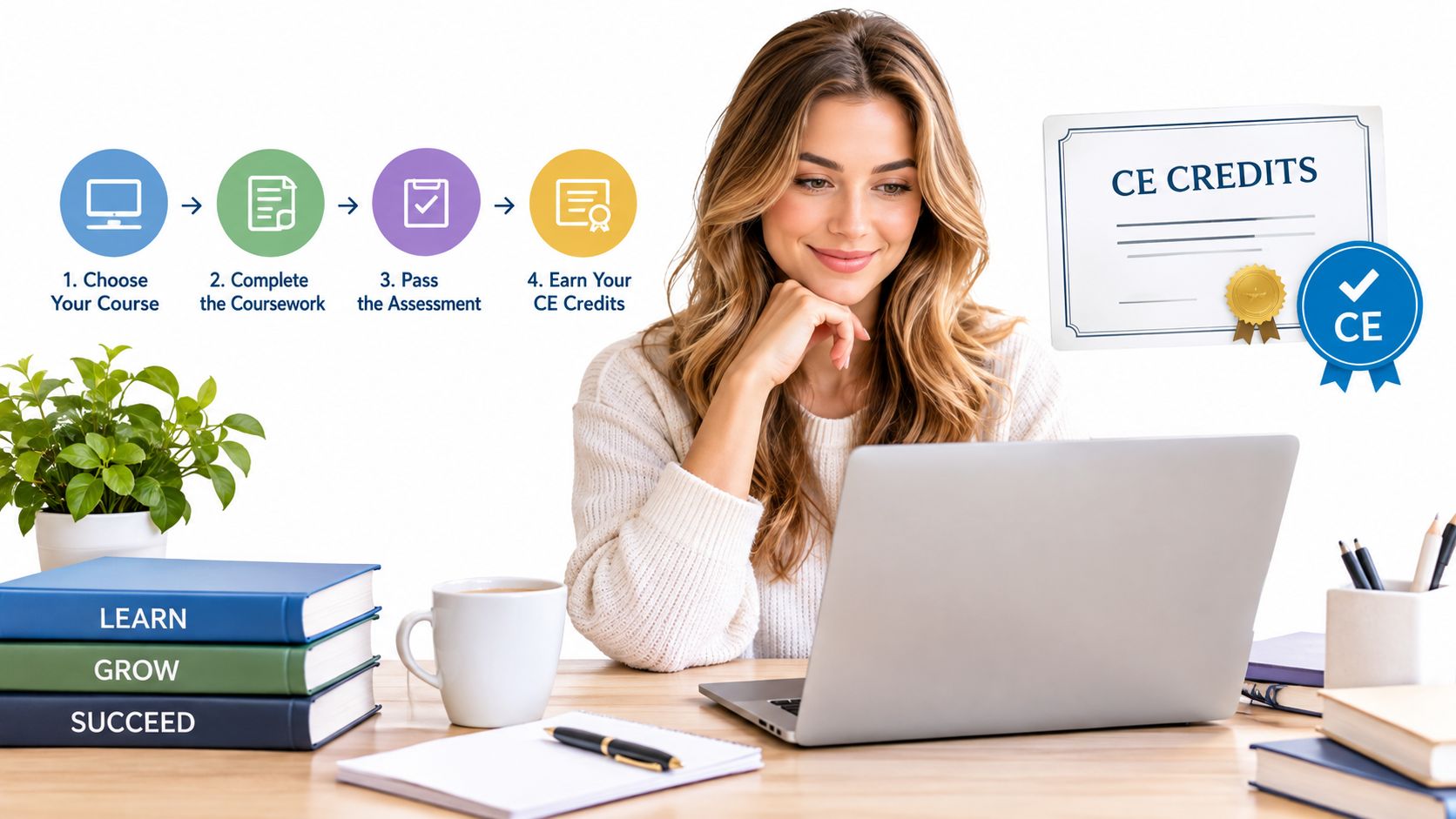 A smiling young woman sitting at a desk with a laptop, learning how to earn CE credits online.