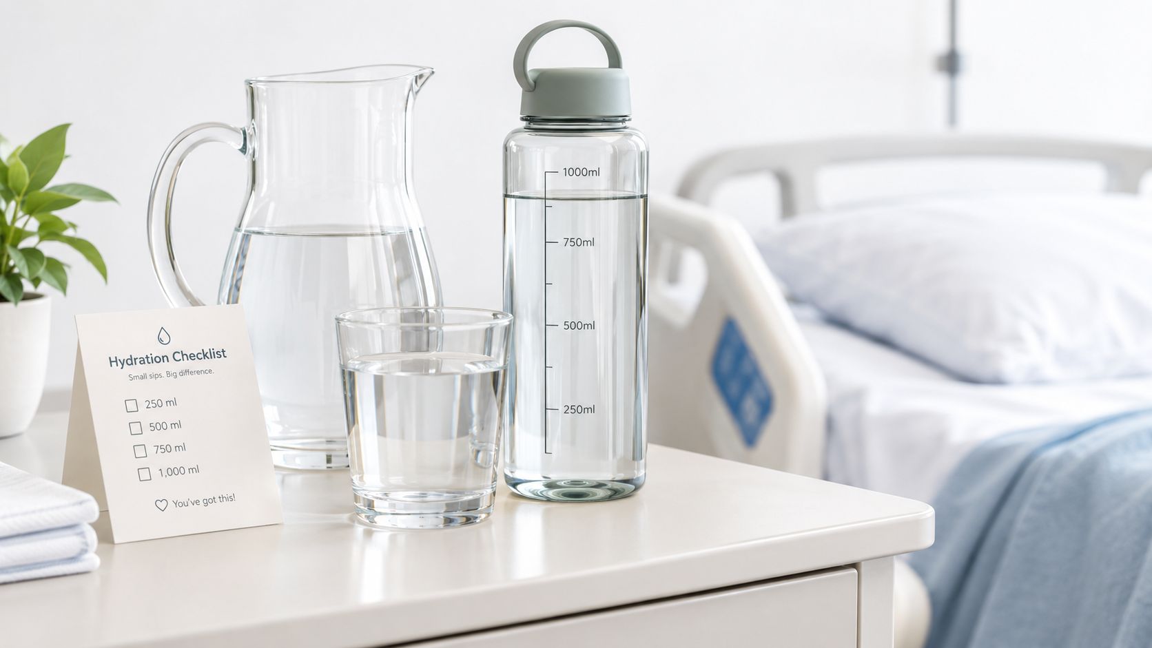 A bedside table in a hospital room featuring a water pitcher, a glass, and a hydration checklist.